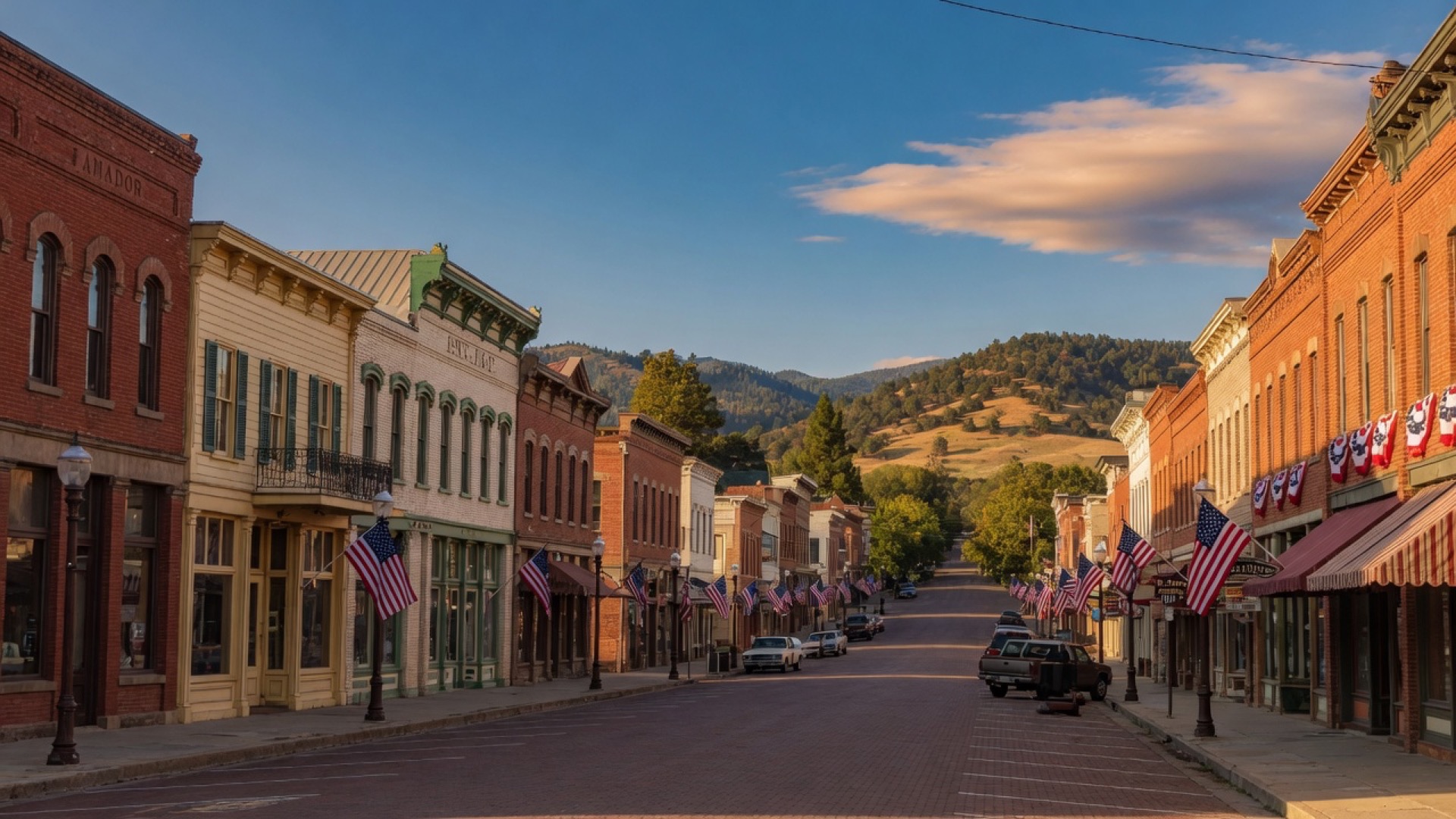Historic Jackson Main Street in Amador County at golden hour with brick storefronts and foothills beyond