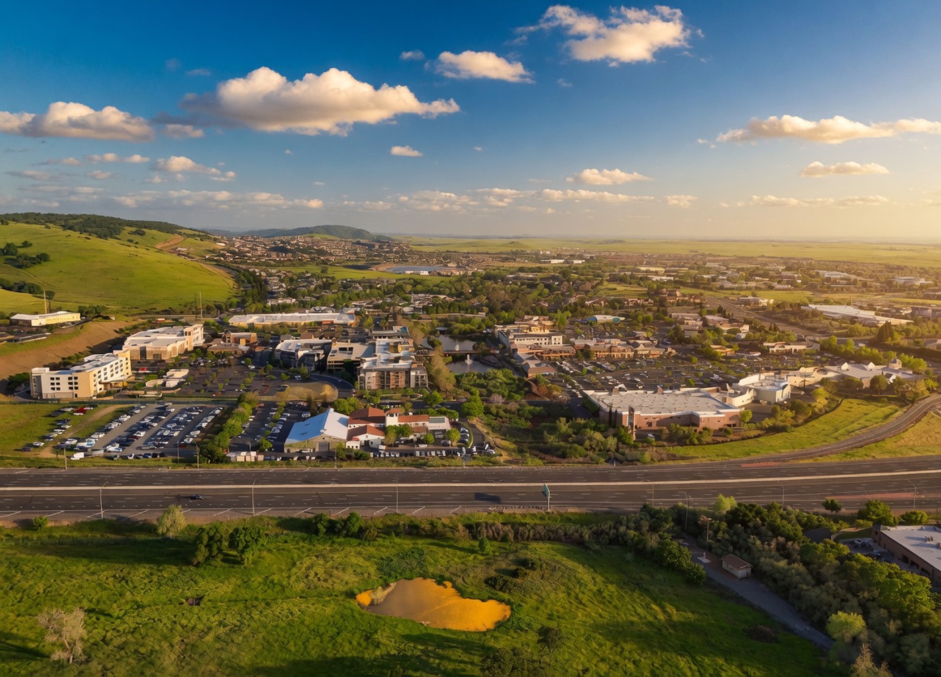 Aerial late-day view of El Dorado Hills Town Center nestled in green Sierra foothills