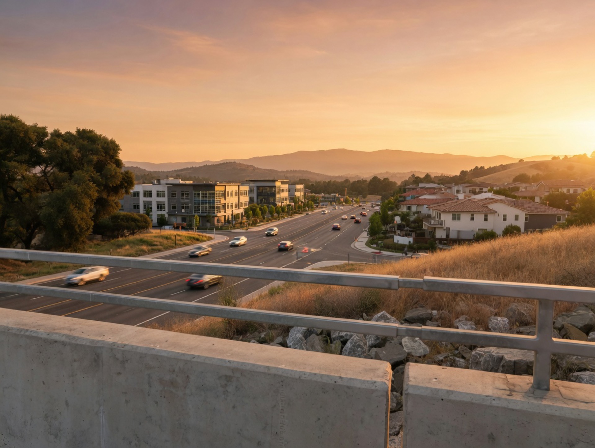 Sunset over a Placer County growth corridor with foothills, modern offices, and warm evening light