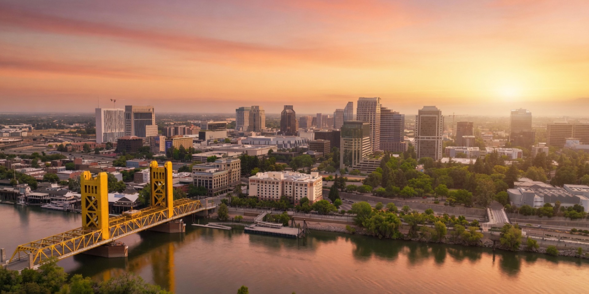 Golden-hour view of the Sacramento skyline and yellow Tower Bridge over the Sacramento River