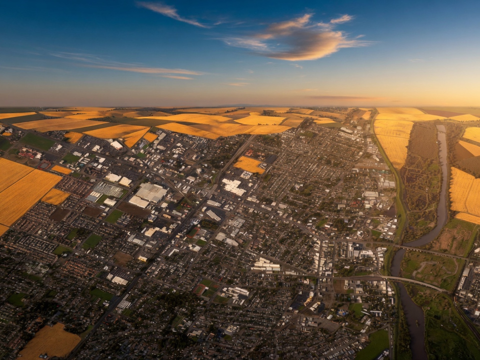 Aerial late-afternoon view of Yuba City surrounded by golden farm fields and a river corridor