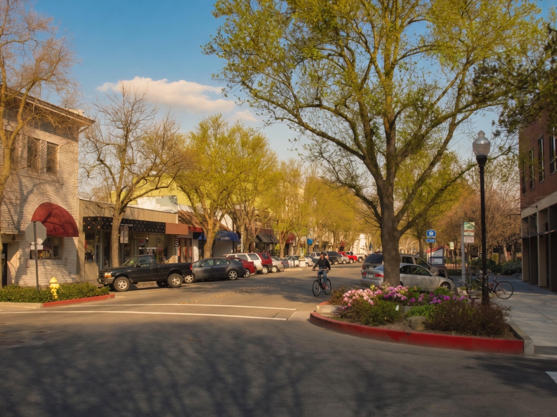 Golden-hour streetscape in Davis with tree canopy, storefronts, and Northern California college-town energy