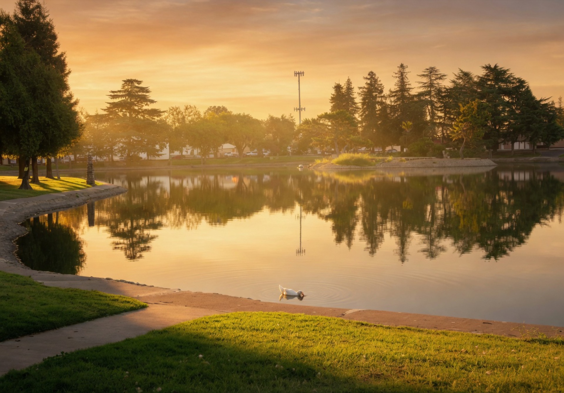 Sunrise at Ellis Lake in Marysville with mirror water, trees, and warm north-valley light